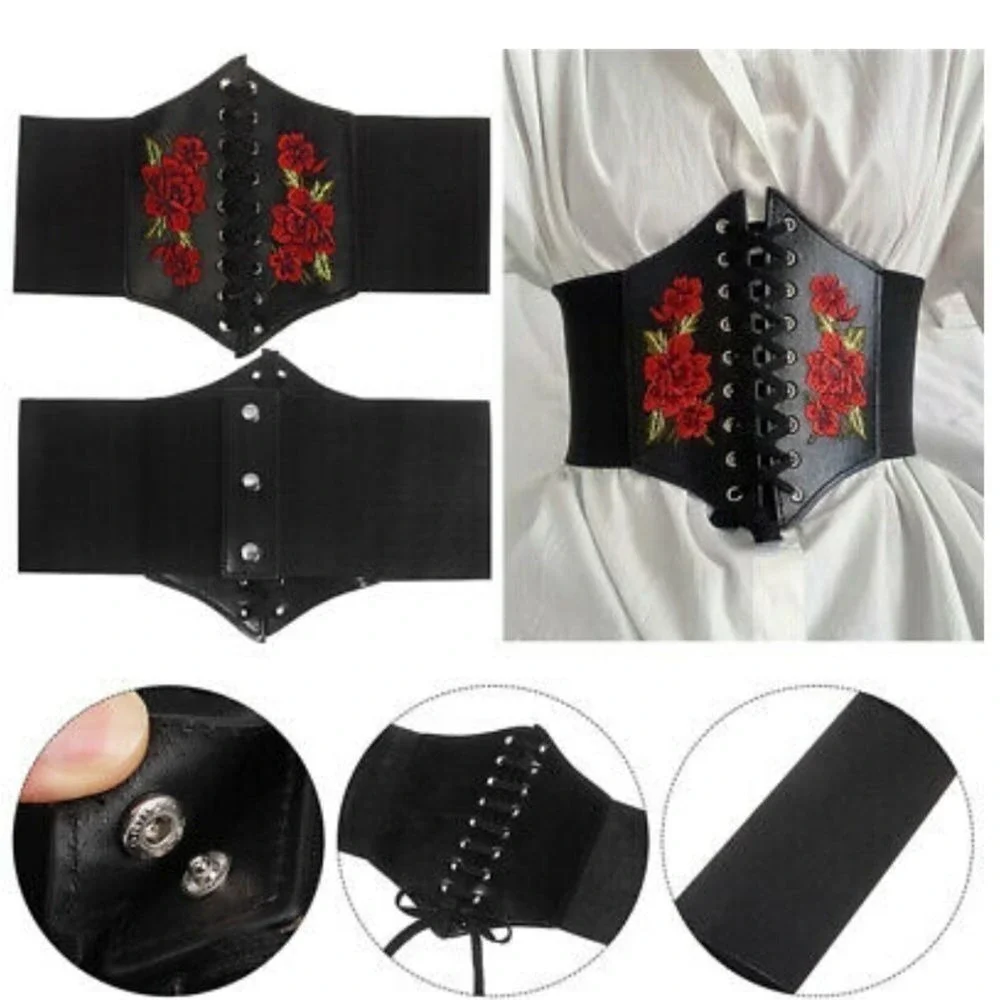 Corset Black Plus size Embroidered Wide Waist Belt Elastic cottage whimsigoth